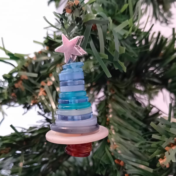 Blue and White Button Christmas Tree Decoration - Star Topper