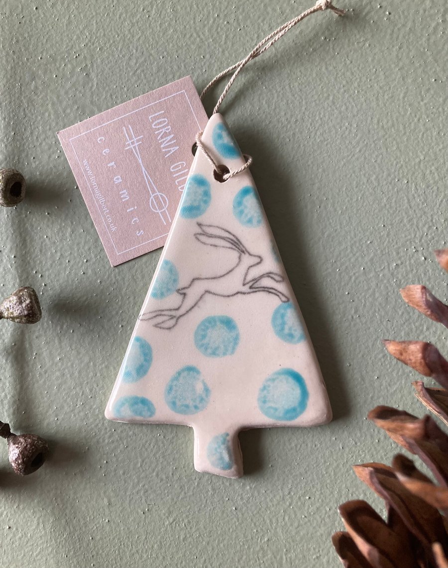 Ceramic handmade Christmas tree decoration - Hare mustard moon