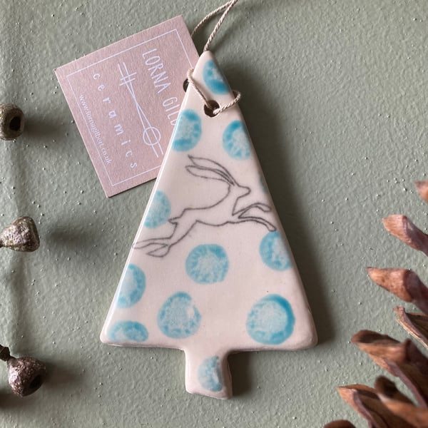 Ceramic handmade Christmas tree decoration - Hare mustard moon