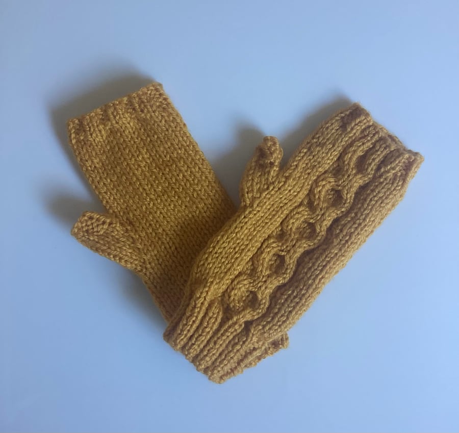 Fingerless mittens ladies hand knitted mustard colour