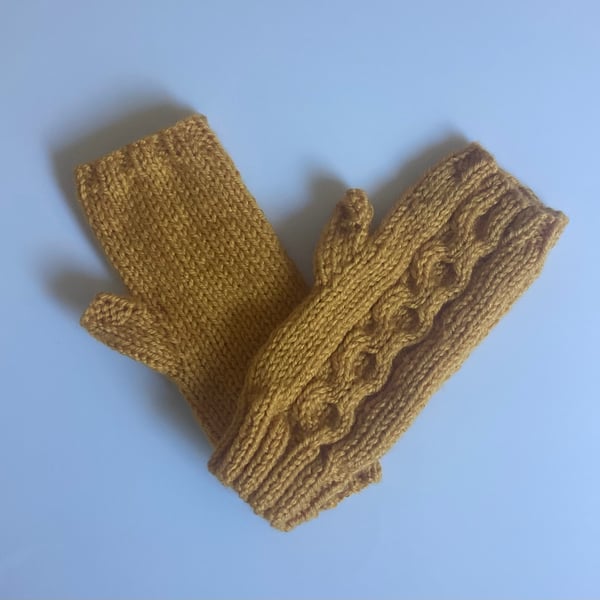 Fingerless mittens ladies hand knitted mustard colour
