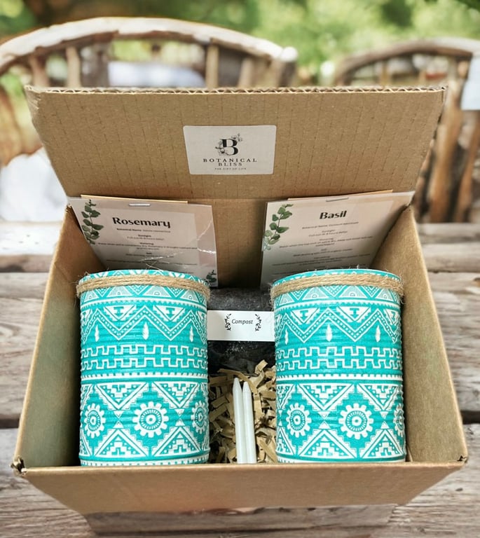 Boho Aztec Teal Handmade Recycled Eco-Friendly Indoor Kitchen Herb Gift Set