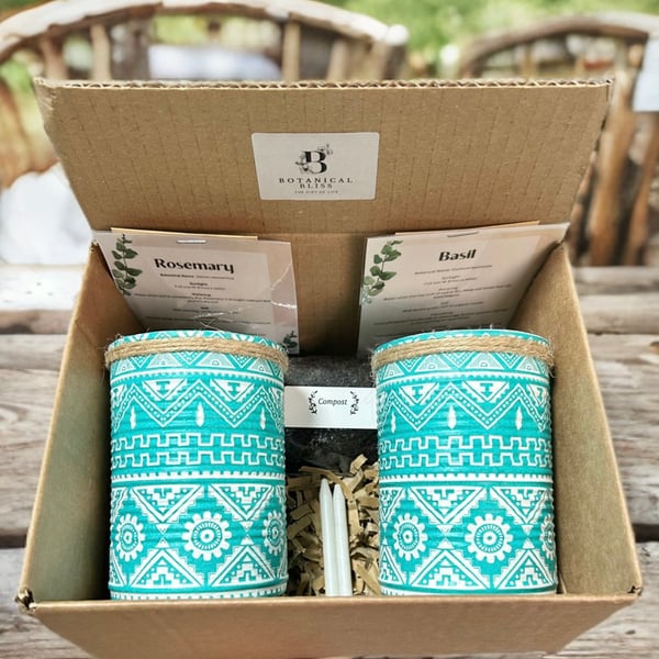 Boho Aztec Teal Handmade Recycled Eco-Friendly Indoor Kitchen Herb Gift Set