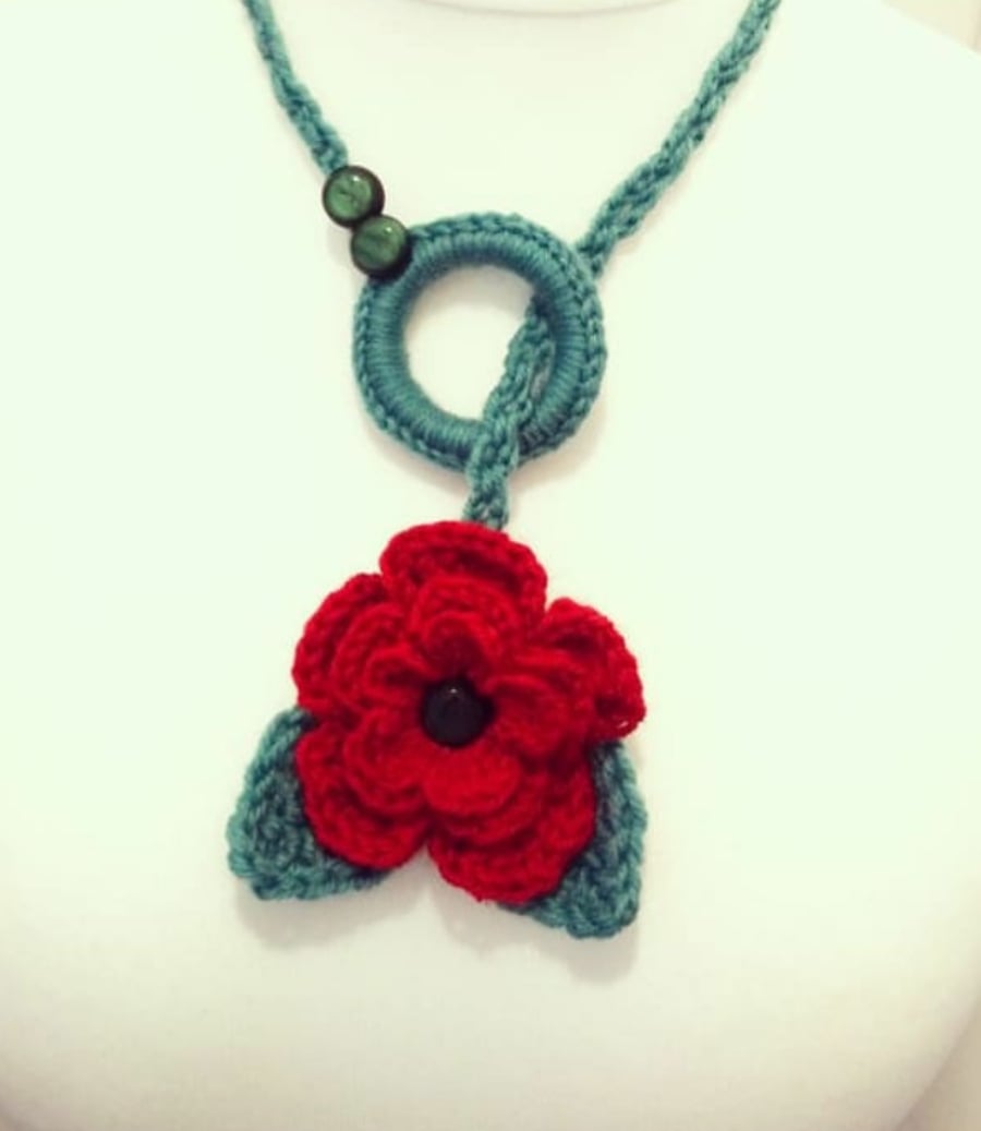 Beautiful Poppy Pendant Crochet Necklace