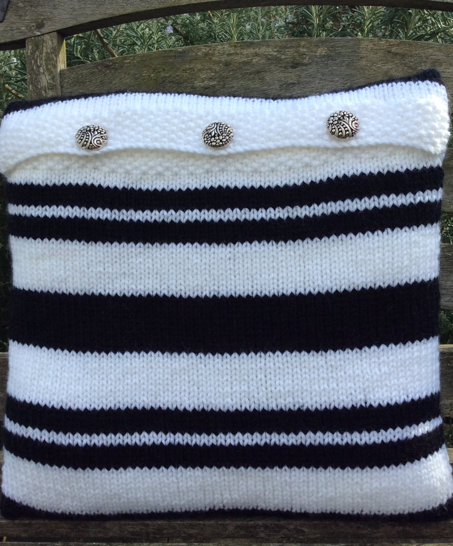 Cushion cover hand knit black white stripe 