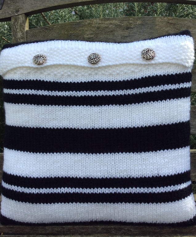 Cushion cover hand knit black white stripe 
