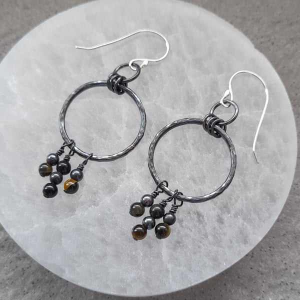 Oxidised Copper Hoops With Tigers Eye Sterling Silver  Dangle Earrings