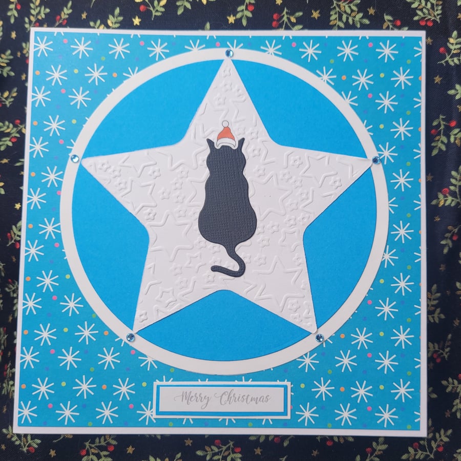 Xmas Star Cat Christmas Card blue