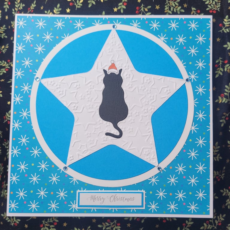 Xmas Star Cat Christmas Card blue