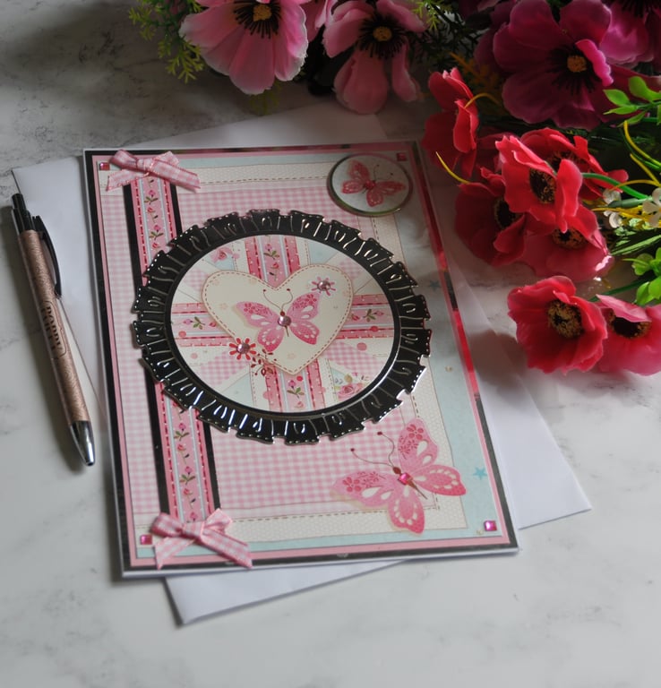 3D 70th Jubilee Inspired Luxury Handmade Card Butterfly Heart Union Flag Flowers