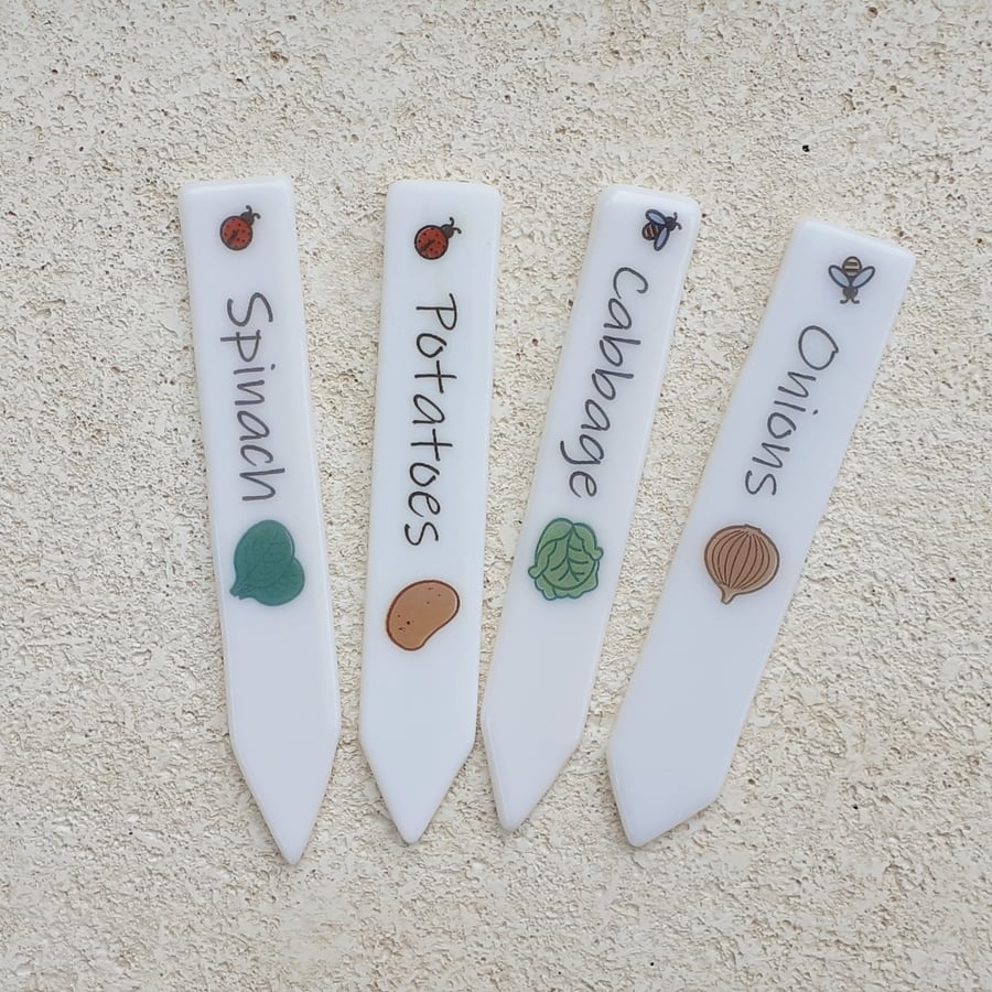 Fused glass vegetable plant seed label markers, reuseable, set of four