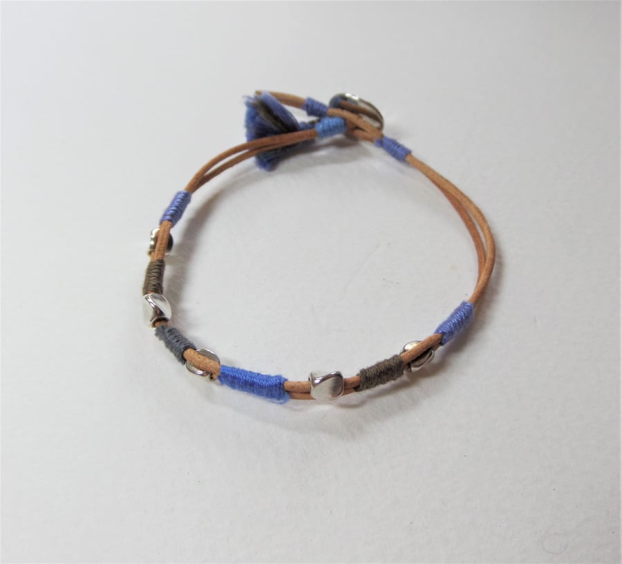 Silver Beaded Tan Leather Bracelet. Blue