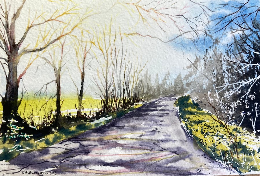 Ingelby lane winter light (Pure Original Watercolour FULLY MOUNTED 8” x 6”)