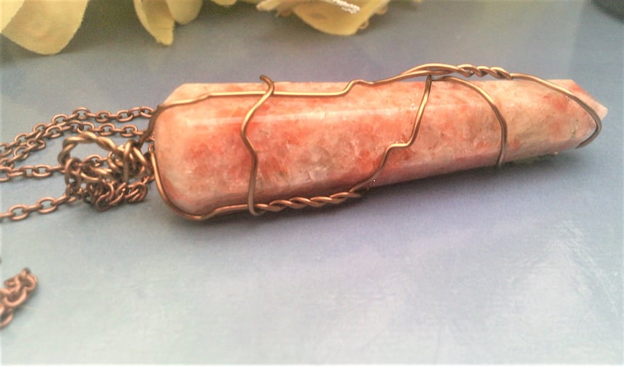 Sunstone Wand Wire Wrapped Pendant with Copper Plate Chain, Orange Gemstone