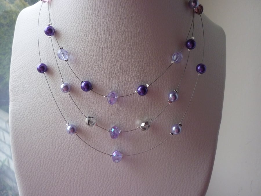AMETHYST, LAVENDER, LILAC AND SILVER MULTI STRAND NECKLACE.  724