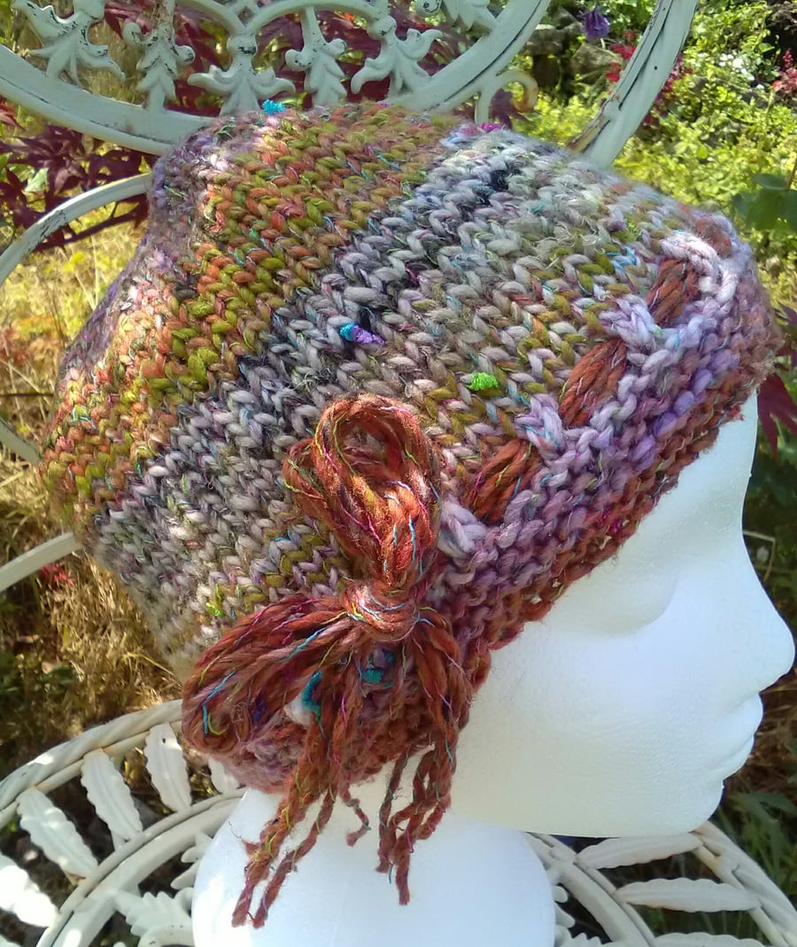 Handknit Noro cotton silk & wool hat Summer Earth multi stripes Small Medium