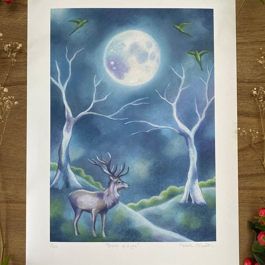 Perfectly Imperfect Deer Art Print - Giclee, Full Moon, Parakeets, landscape art