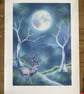 Perfectly Imperfect Deer Art Print - Giclee, Full Moon, Parakeets, landscape art