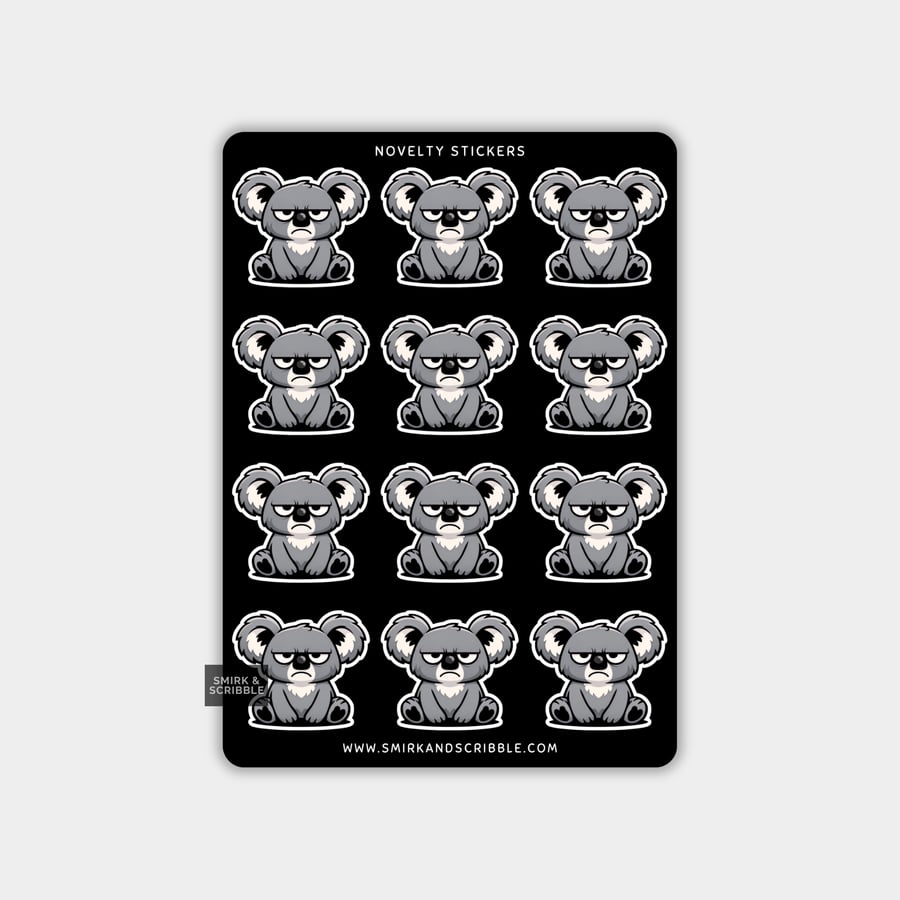 Image of Funny Vinyl Sticker Sheet For Adults - Grumpy Koala