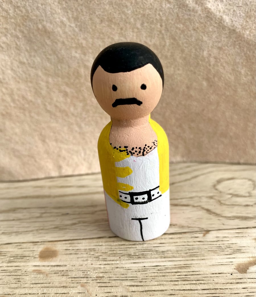 Freddie Mercury Handpainted Wooden Peg Doll - pop icons