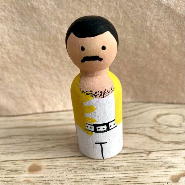 Freddie Mercury Handpainted Wooden Peg Doll - pop icons