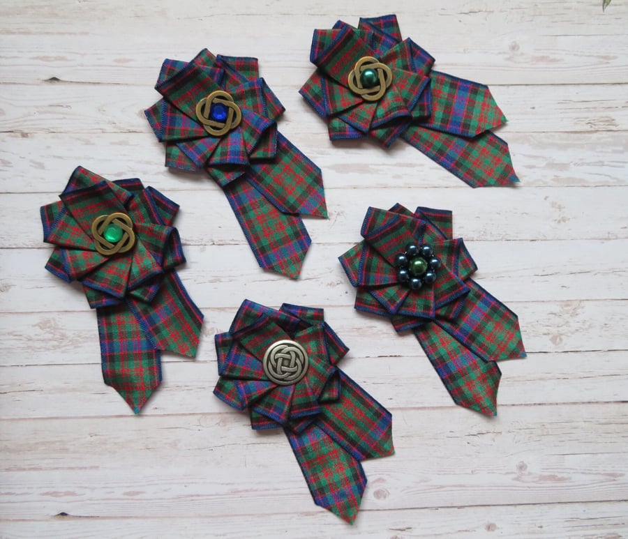MacDonald Tartan Ruffle Rosette Mini Brooch Pin Scottish Celtic Highland Plaid 