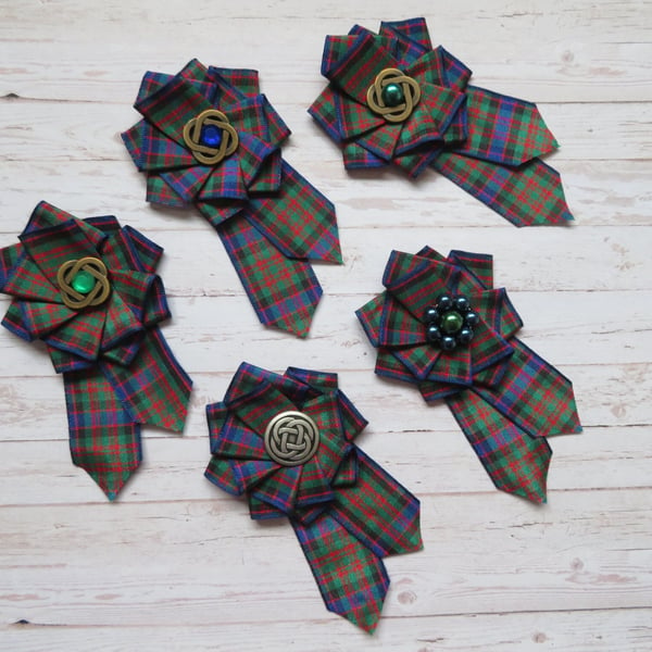 MacDonald Tartan Ruffle Rosette Mini Brooch Pin Scottish Celtic Highland Plaid 