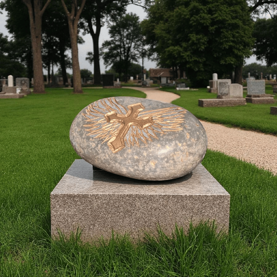 Cross with angel Wings hand carved into stone, Christian remembrance Decor 