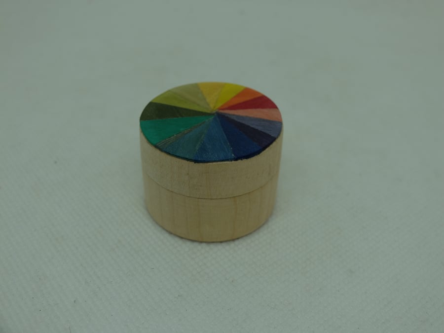 Tiny round wooden pot with colourful lid, hand-veneered