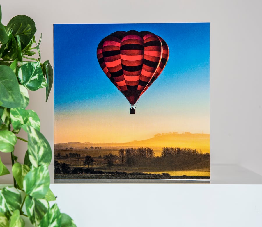 Red Hot Air Balloon Blank Greeting Card sunset evening flight landscape view UK 