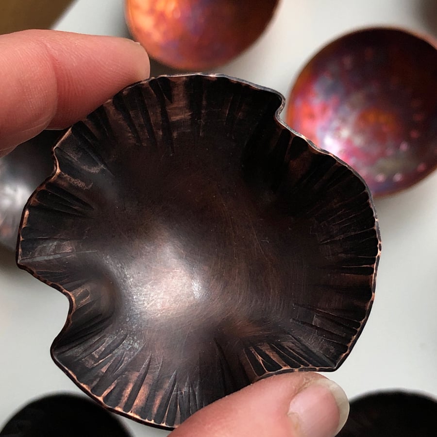 Oxidised copper bowl with hammered wavy edge, 7th wedding anniversary gift