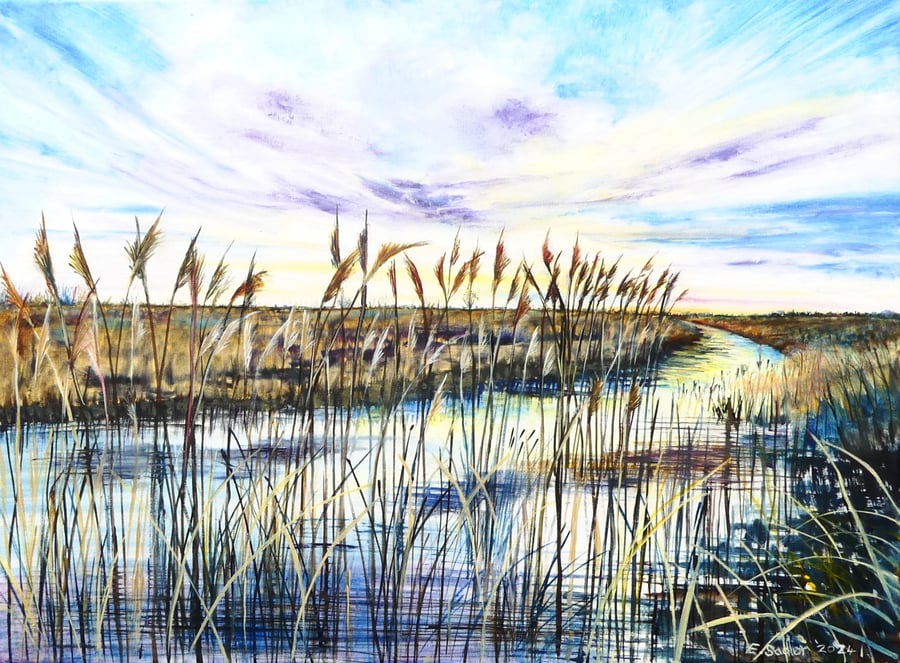 Big Sky Land and Skyscape Oil Painting : Ouse Fen Reeds and Wetlands