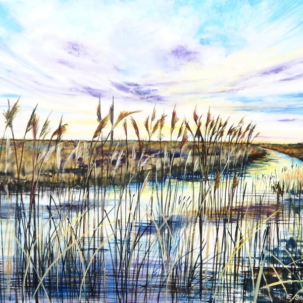 Big Sky Land and Skyscape Oil Painting : Ouse Fen Reeds and Wetlands
