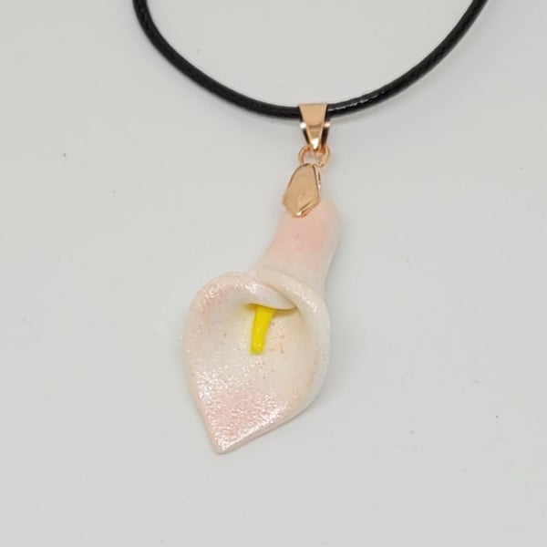 calla lily pendant unique artisan necklace crafted with polymer clay peach
