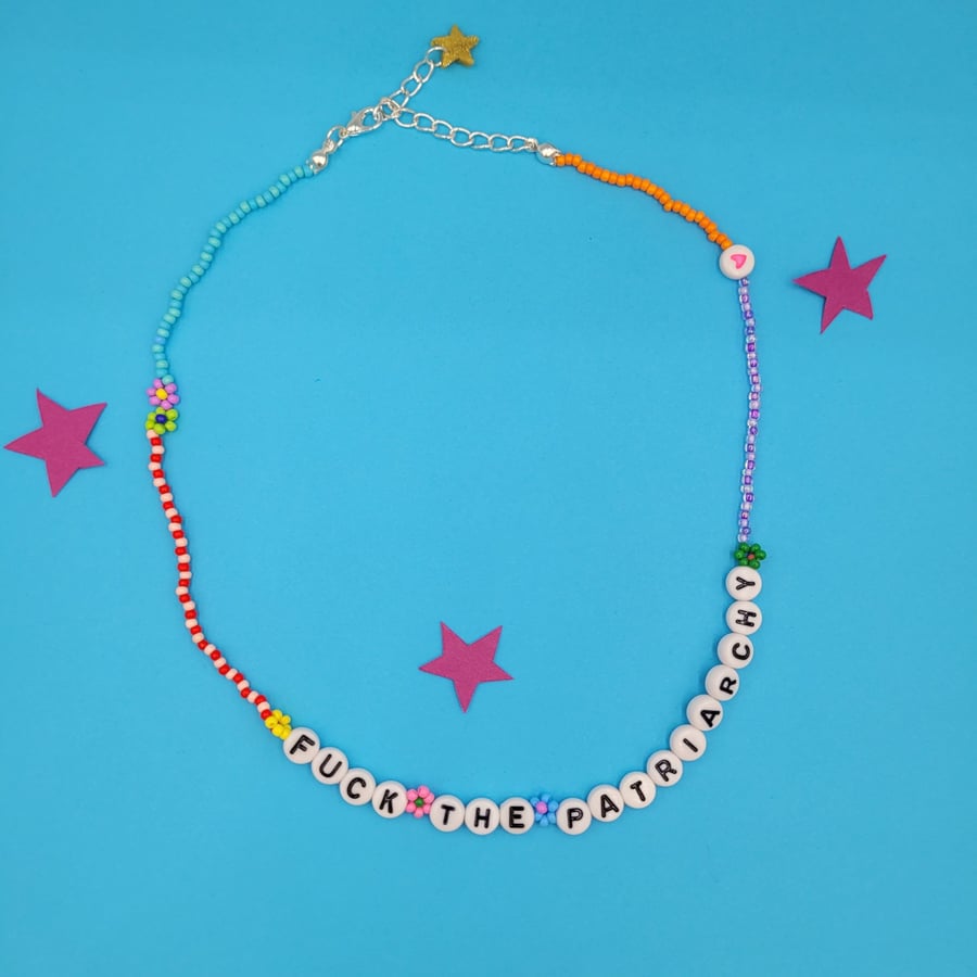 'FUCK THE PATRIARCHY' beaded necklace 