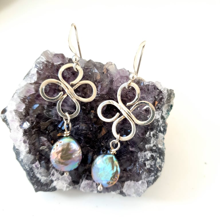 Sterling Silver Four Leaf Clover Earrings With Coin Pearl Drops - Free UK Post