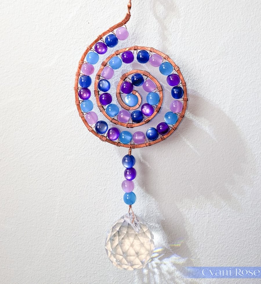Suncatcher copper wire wrapped spiral shape with purple & blue beads