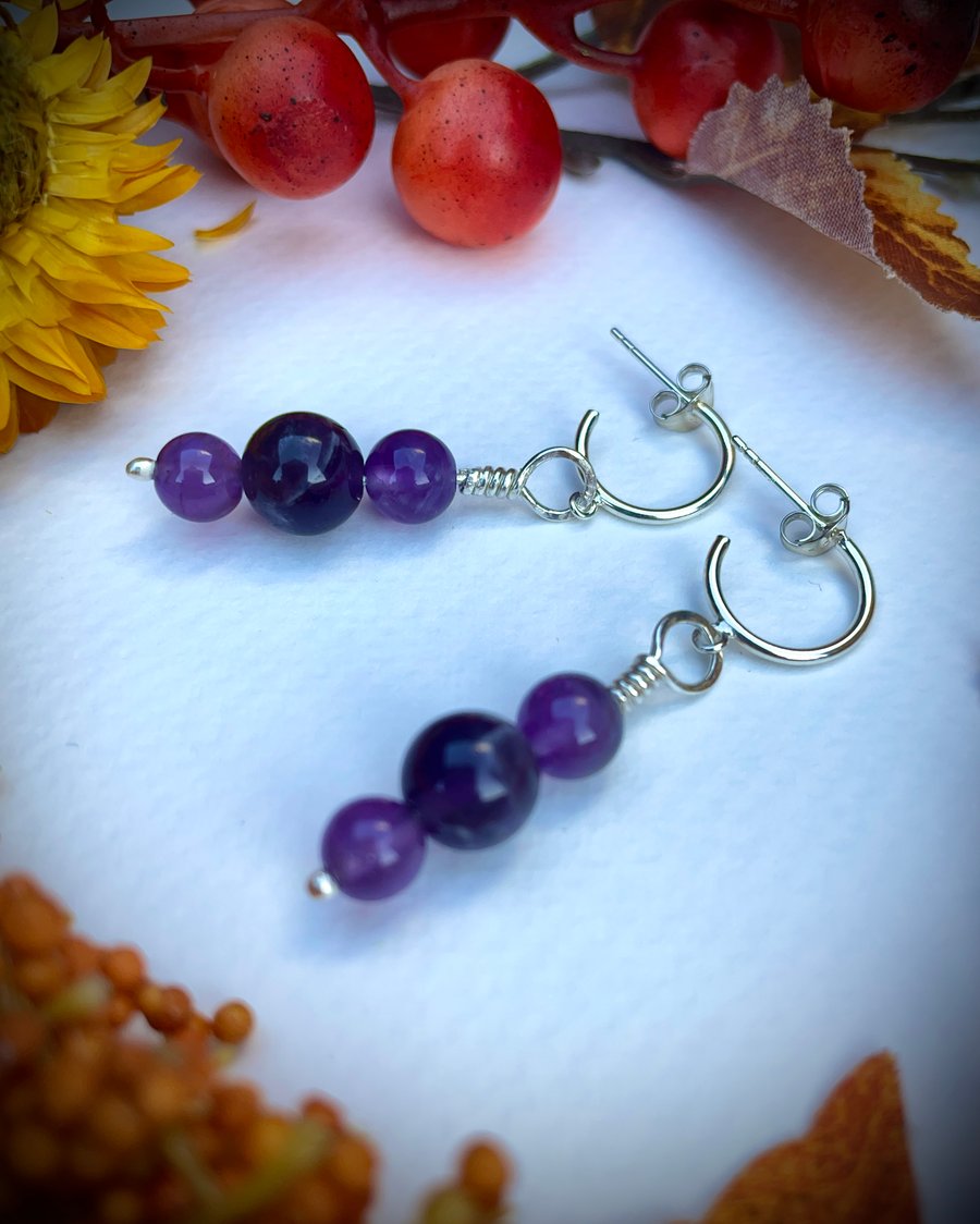 Deep Royal Purple Amethyst Earring, Sterling Silver Hoop, butterfly fastening