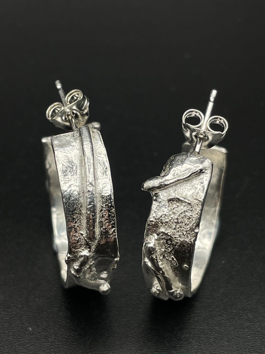 Reticulated hoops with wire accents,sterling silver, organic, recycled, handmade