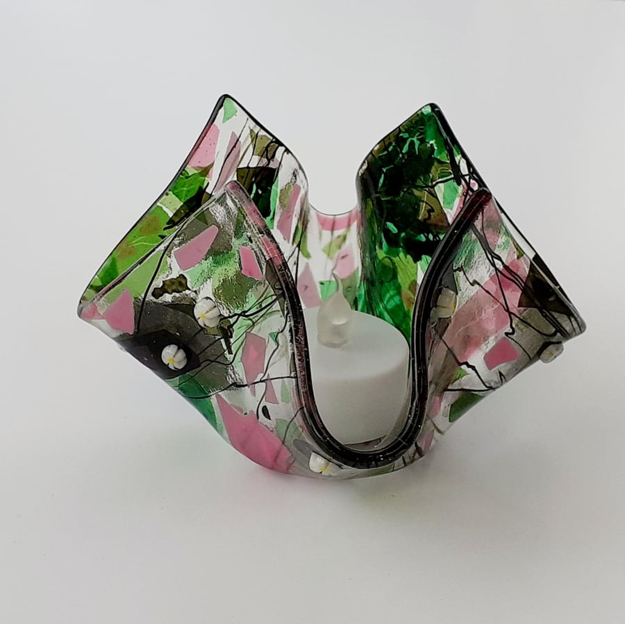 Fused glass tea light or candle holder - spring pink and green