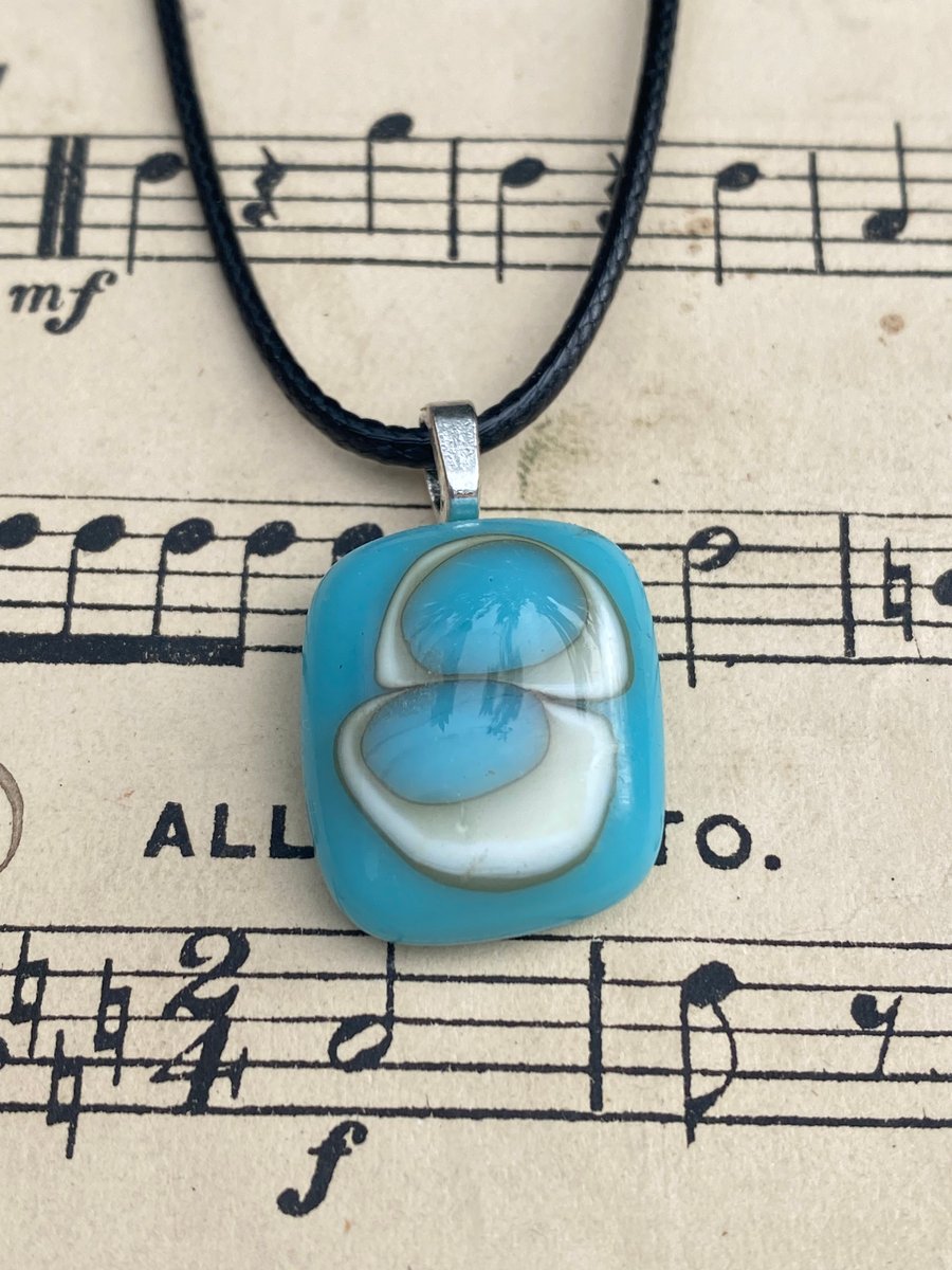 Light blue and cream dots fused glass pendant