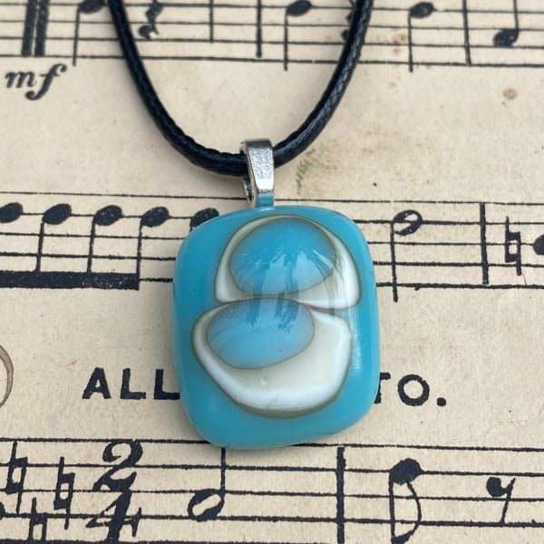 Light blue and cream dots fused glass pendant
