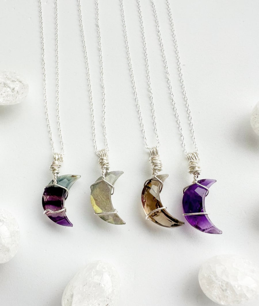 Moon Crystal necklace, 925 Sterling Silver, Amethyst, Labradorite, Fluorite