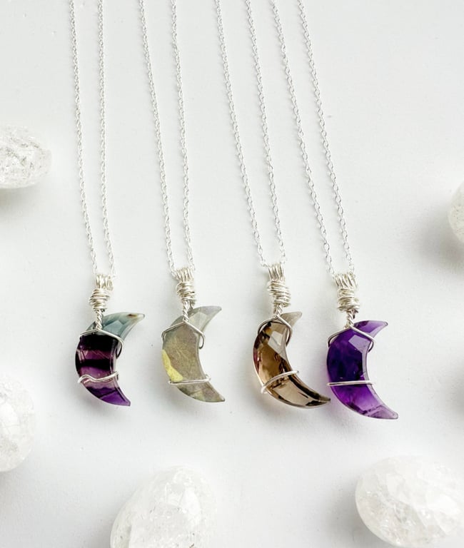 Moon Crystal necklace, 925 Sterling Silver, Amethyst, Labradorite, Fluorite