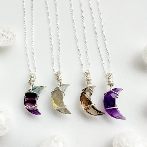 Moon Crystal necklace, 925 Sterling Silver, Amethyst, Labradorite, Fluorite