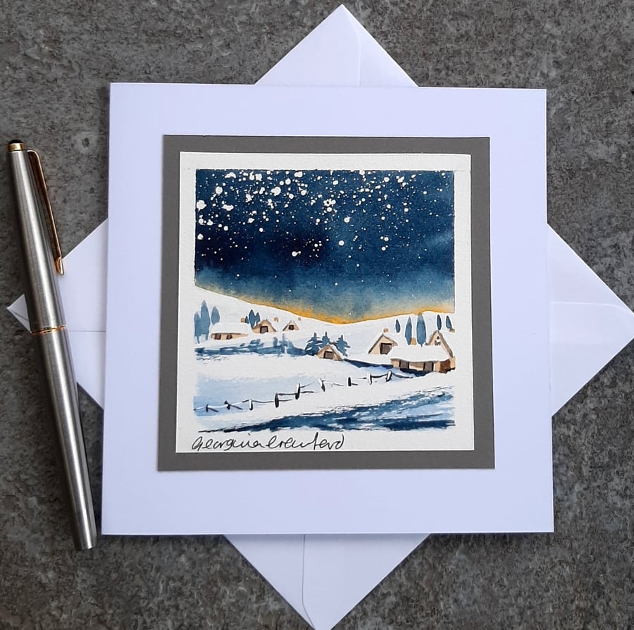 Handpainted Blank Christmas Card. Christmas Snowscene