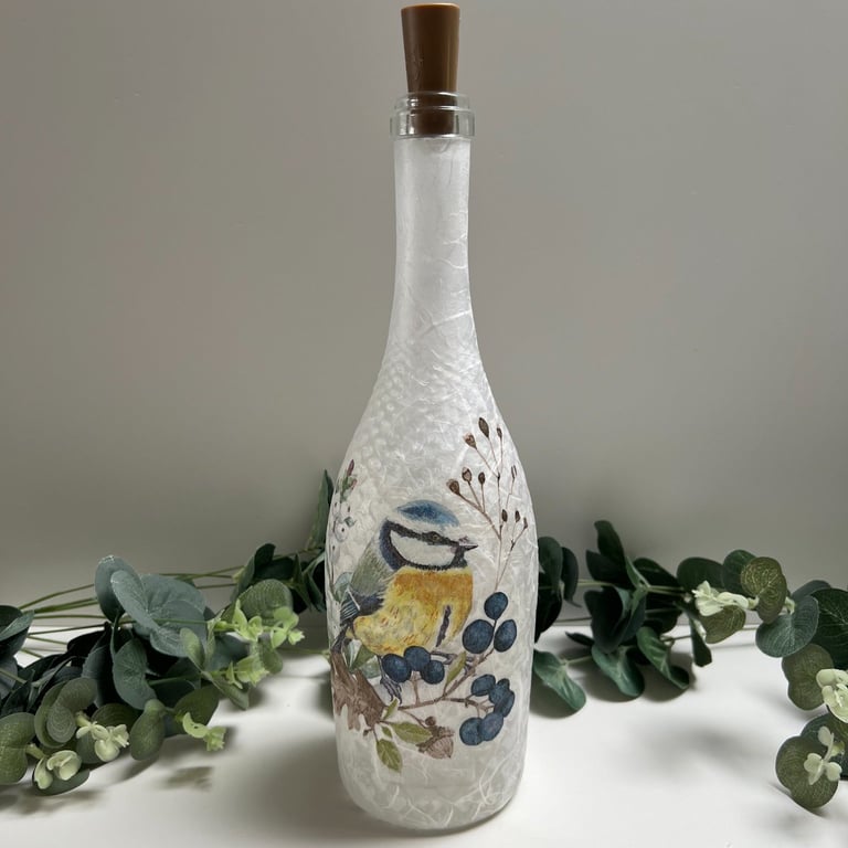 Decoupage Upcycled Glass Bottle Light - Blue Tit, Home Decor, Nature Inspired