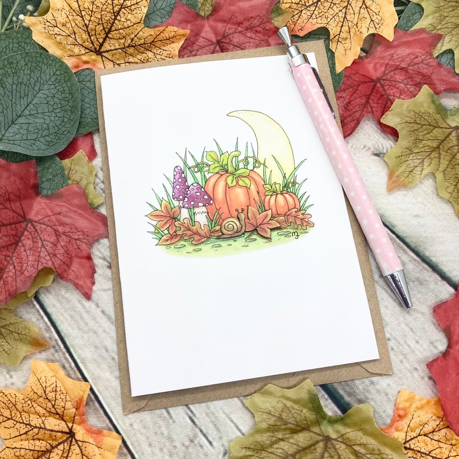 Autumn Moon Card - Blank Card - Birthday Card - Halloween - Toadstool & Pumpkin