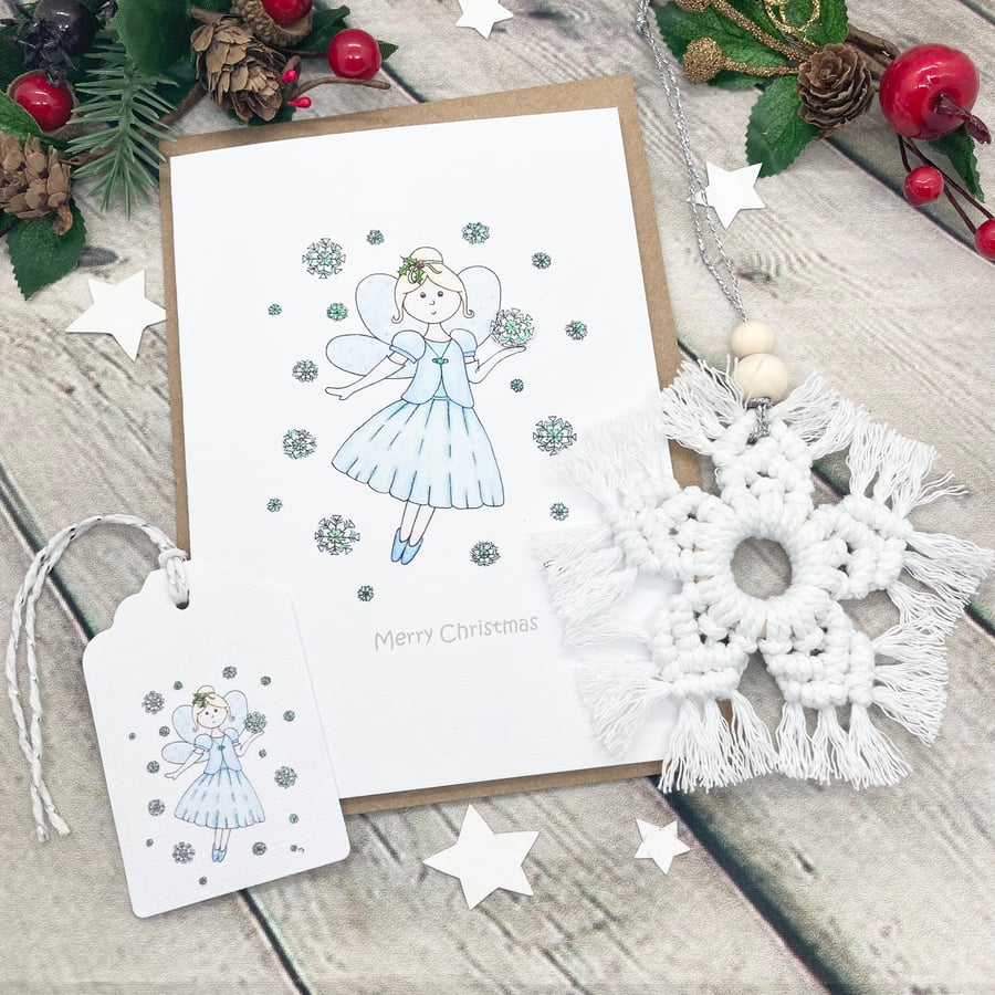 Snowflake Fairy Card, Gift Tag & Macramé Snowflake Gift Set - Christmas