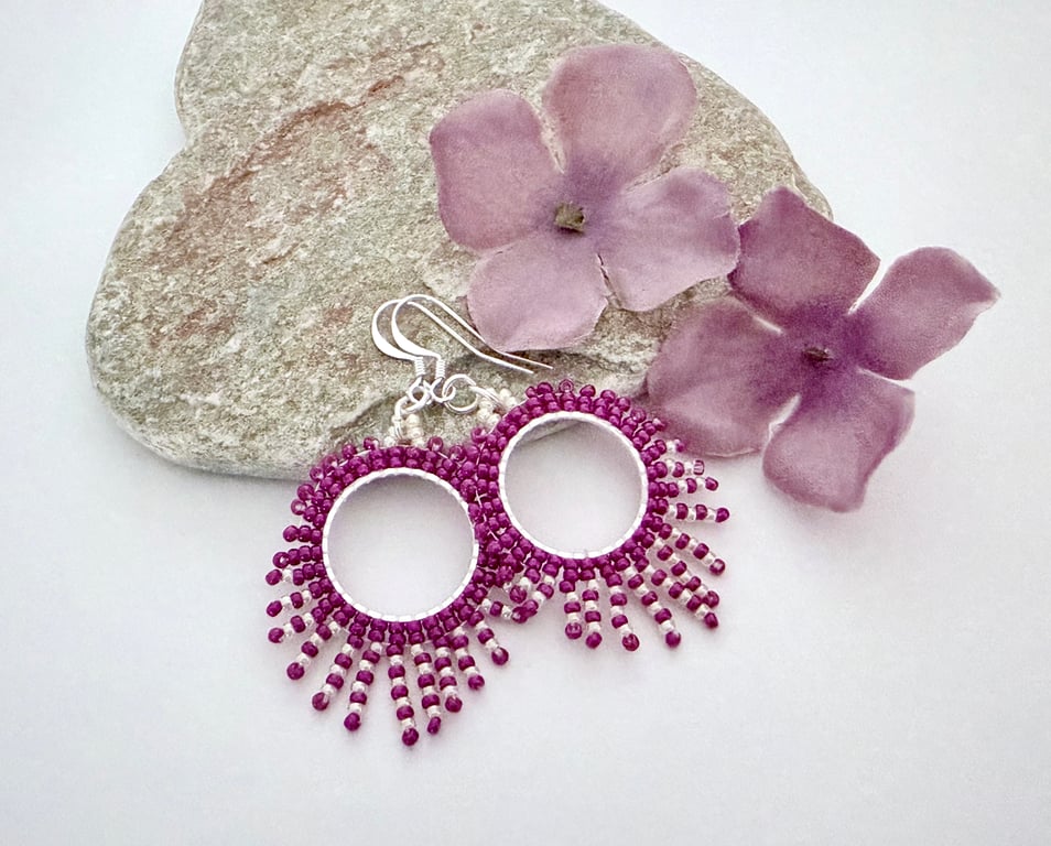 Handmade cerise pink and white beaded hoop fringe earrings